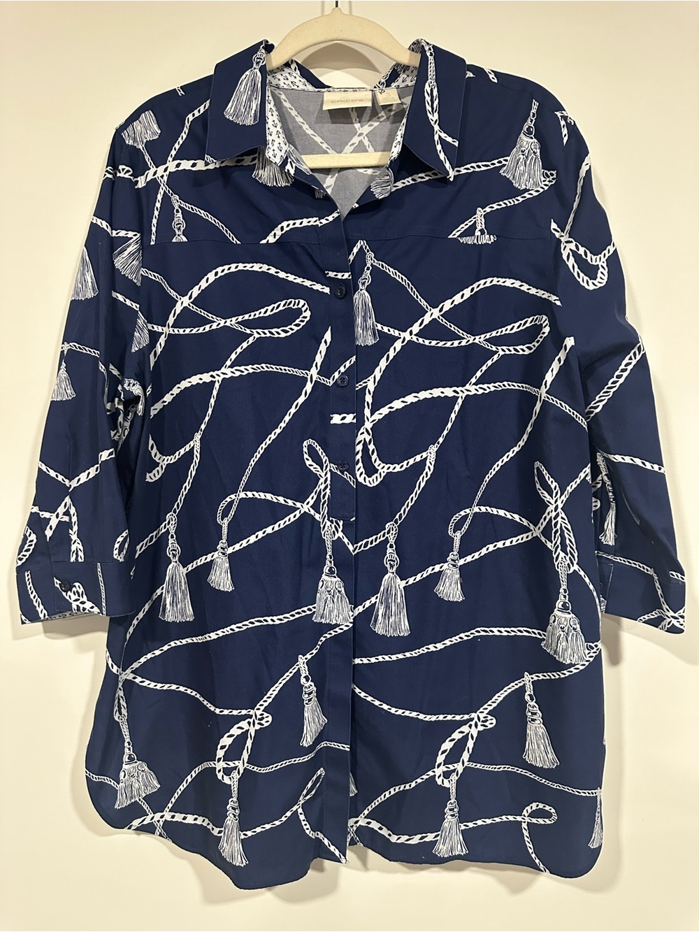 Chicos No-Iron Navy Blue Nautical Rope Tassel Print Button Down Shirt Size 3